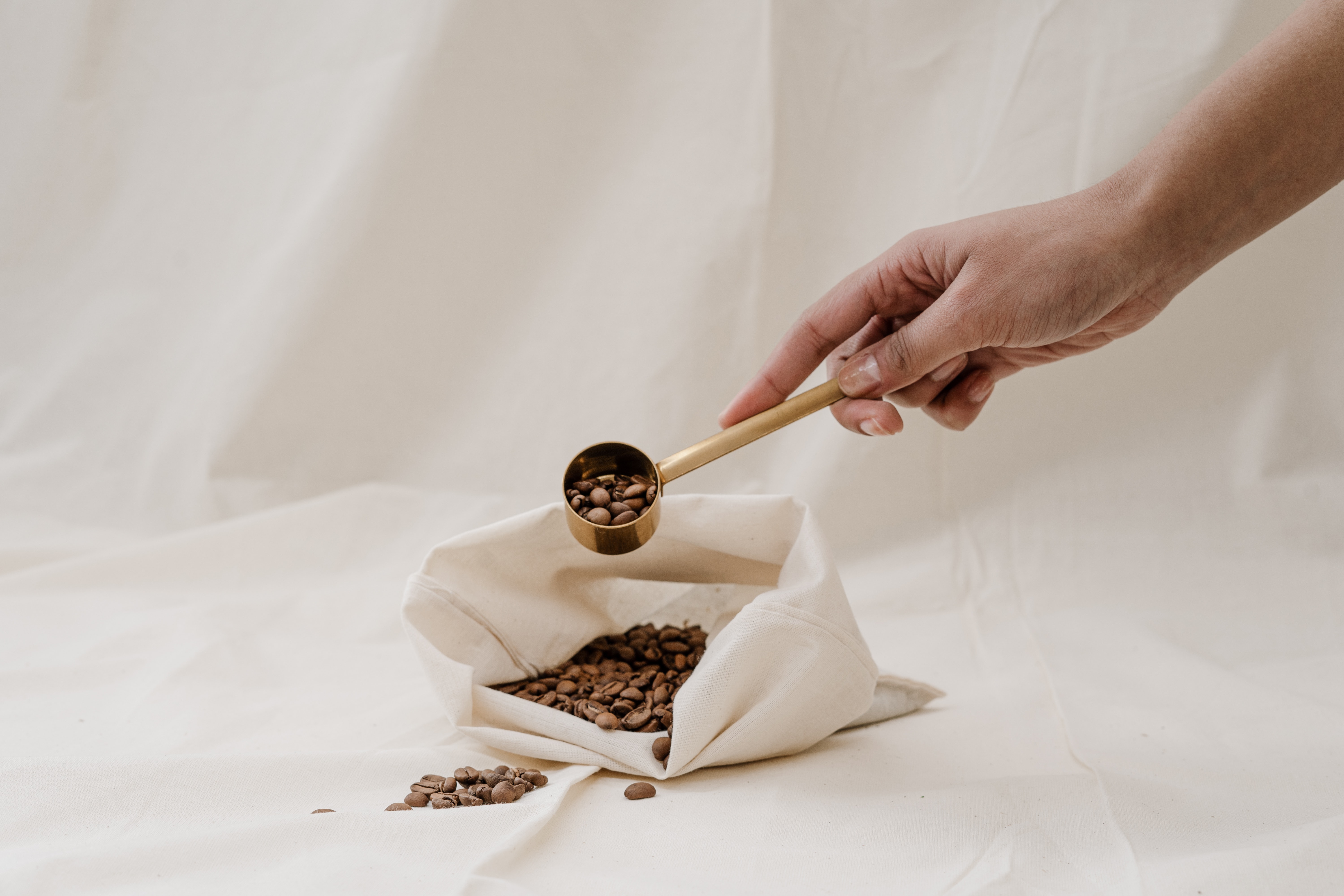 alt="Coffee beans on a sack in a photo studio"
